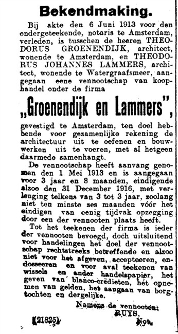 Bekendmaking samenwerkig met Th. Lammers
              <br/>
              Algemeen Handelsblad, 1913-09-09